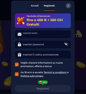 Registrazione su Nine Casino